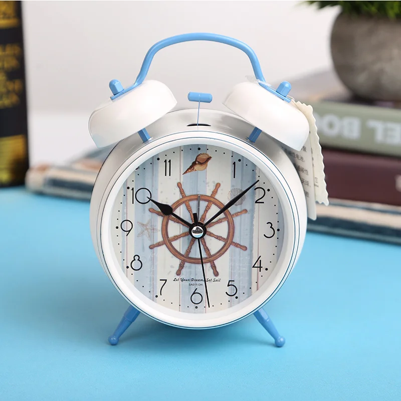 

Mediterranean style children's alarm clock, silent for students, bedside clock, metal bell, lazy person's big bell alarm clock