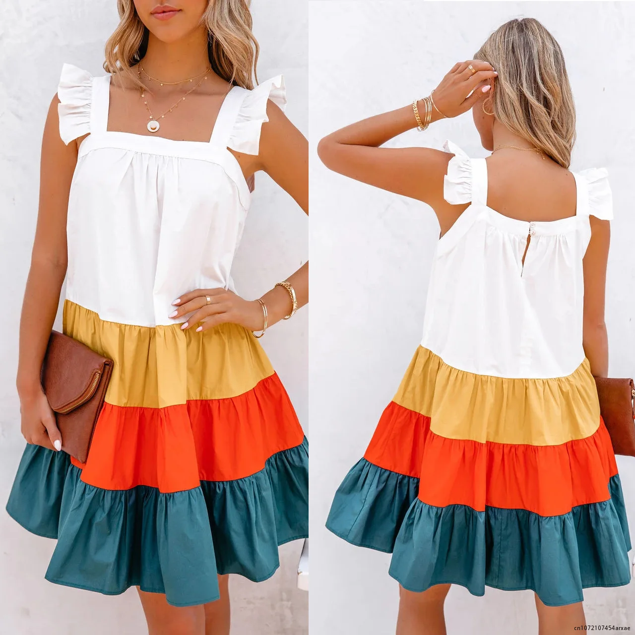 

2023 Summer Vintage Mini Casual Dresses For Women Color Block Loose Dress Womens Cut And Sew Ruffle Hem Smock Dress Vestido New