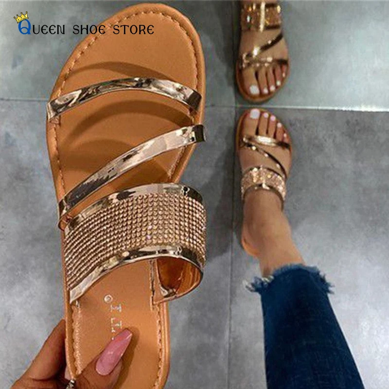 43 Large Size Slippers Female Summer New Fashion Trend Rhinestone Flat Slippers Comfortable And Breathable Outer Wear Sandals