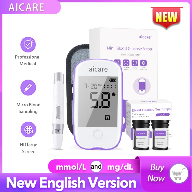 

AICARE Blood Glucose Meter Glucometer Diabetes 50/100 Test Strips Lancets Blood Sugar Meter Monitor Medical Devices Tester