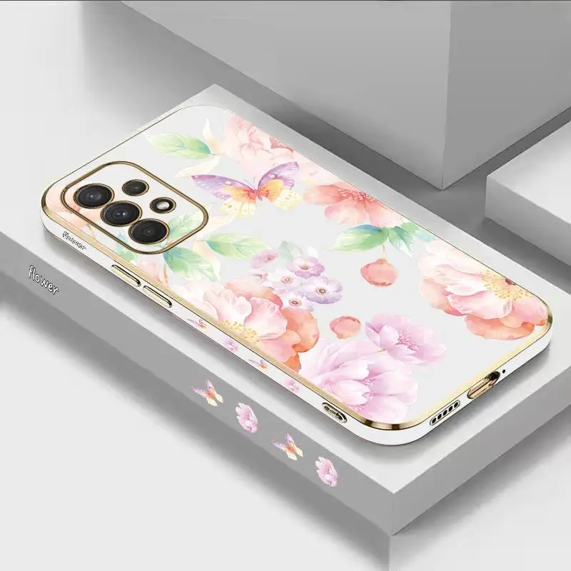 

Flowers and Butterflies Luxury Plating Phone Case For Samsung Galaxy A73 A71 A42 A52 A32 A53 A03S A04 A03 A54 A51 Cover
