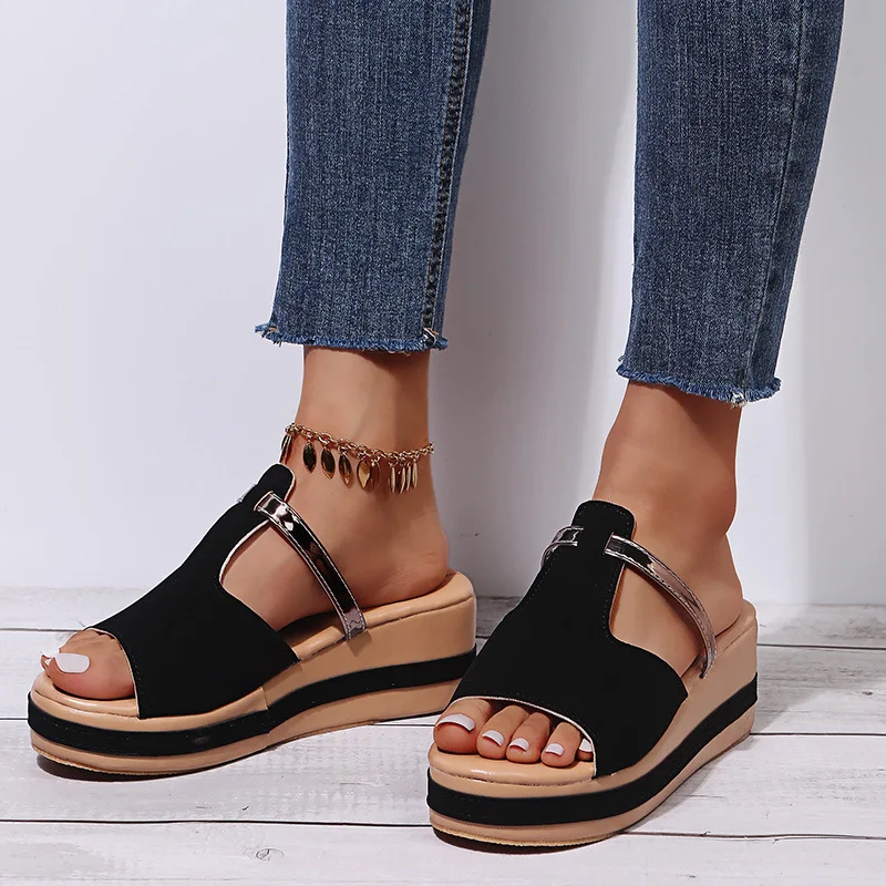 2023 Oversized Women's Shoes, Summer Casual Sandals, Women's Slippers, Sloping Heels, Thick Soles, One Line Slippers