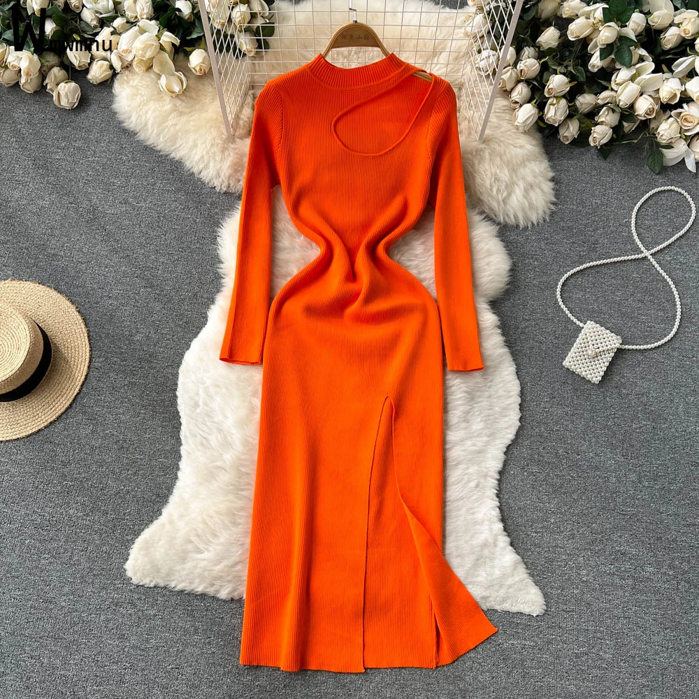 

Женское длинное трикотажное платье с разрезом, элегантное однотонное облегающее платье с длинным рукавом и полувысоким воротником, улична...