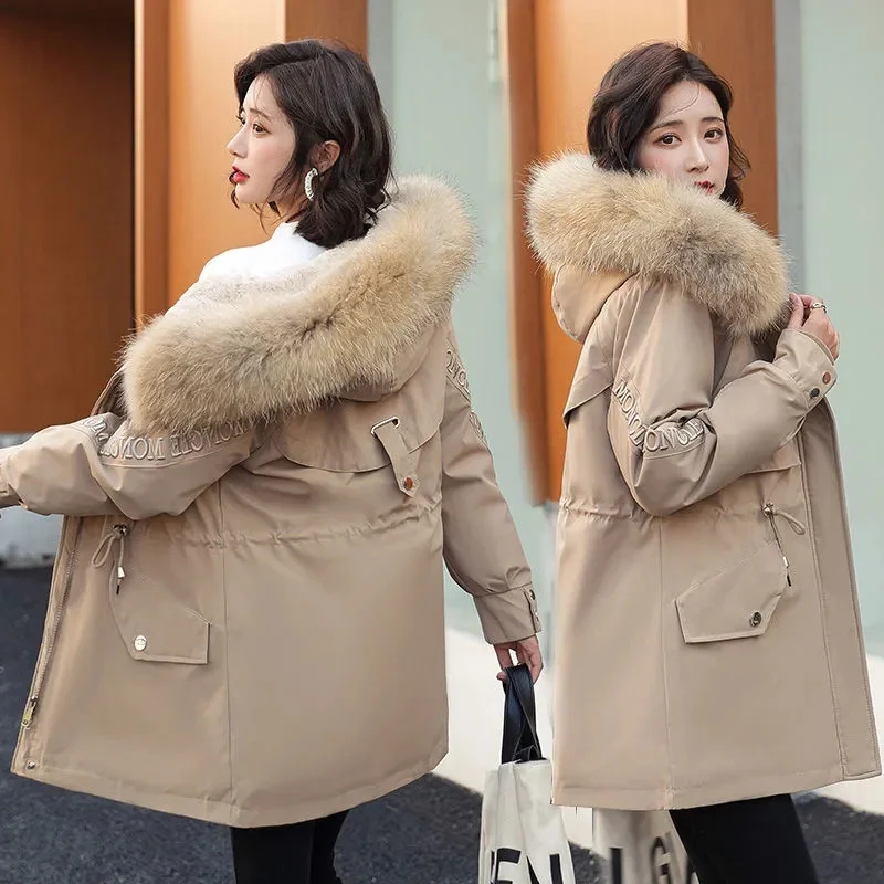 2022 New Winter Jacket Women Parkas Fur Lining Coat Fur Collar Hooded Parka Female Thick Warm Cotton Padded Jacket Outerwear