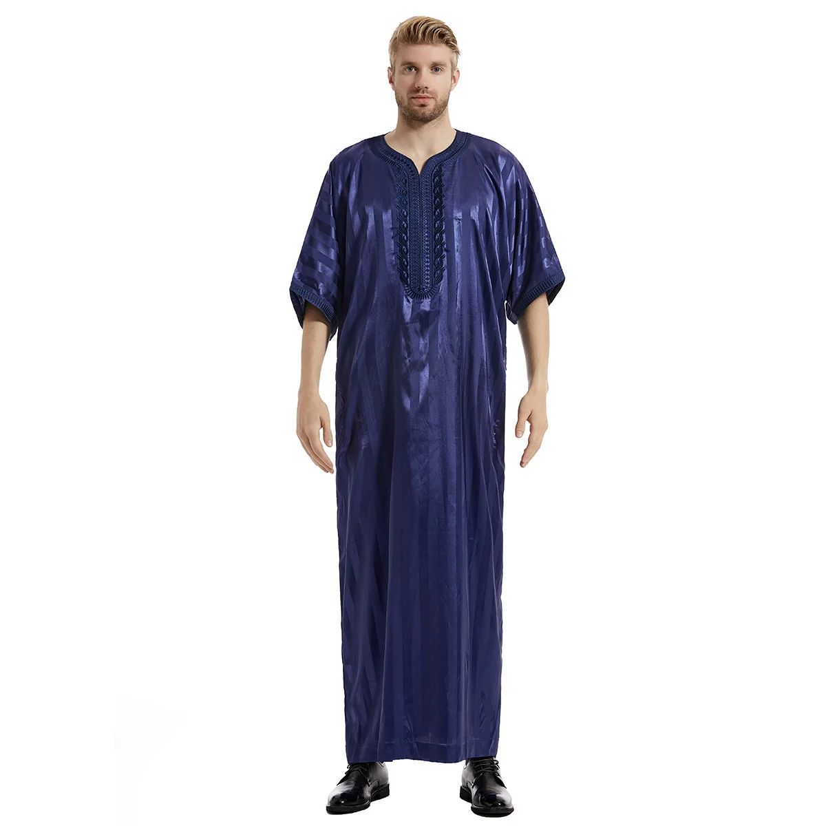 

Рамадан мужской Халат абайя Мужская Этническая одежда с коротким рукавом мусульманский мужской полосатый средний рукав кожа креветки