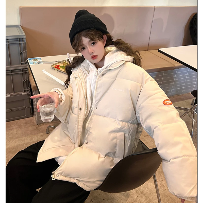 

Women Down Parka Milky White Jacket Two Fake Pieces Baggy Winter Waterproof Warm Duck Feather Down Female Puffer Hooded Outwear