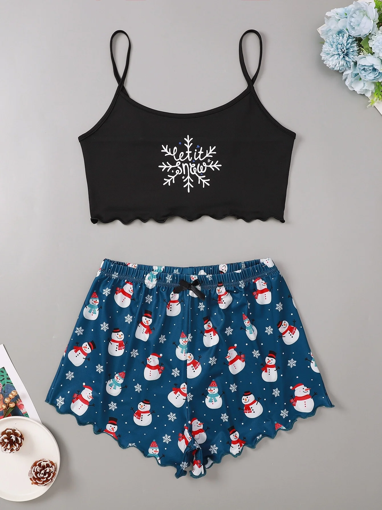 

New Style Lady's Merry Christmas Camisole With Shorts Pajama Set Let It Snow Print Casual Home Wear Sleepwear Underwear Suits