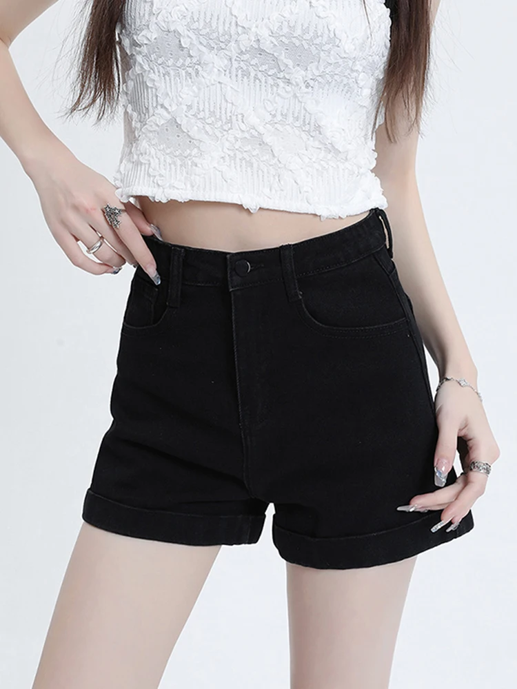 Spring Summer Women High Waist Wide Leg Black Denim Shorts Streetwear Female Loose Button Jeans Shorts Bottoms