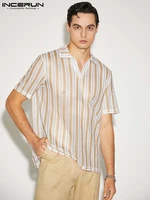 incerun tops 2022 american style new mens stripes casual lapel blouse fashion male loose comfortable short sleeved shirts s 5xl