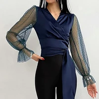 new fashion women blouse casual mesh see through long sleeve lace patchwork bow tie pullover v neck slim spring blouse for lady