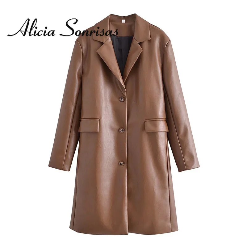 

2022 Spring Autumn Women Retro Simple Loose Wide-waisted Single-breasted Turn-down Collar Casual Trench Solid Brown Coat Femme