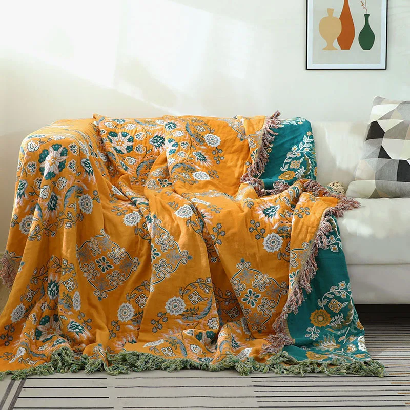 

European cotton blanket and throws gauze flowers sofa towel double-sided with tassels four seasons Leisure blanket thin quilt