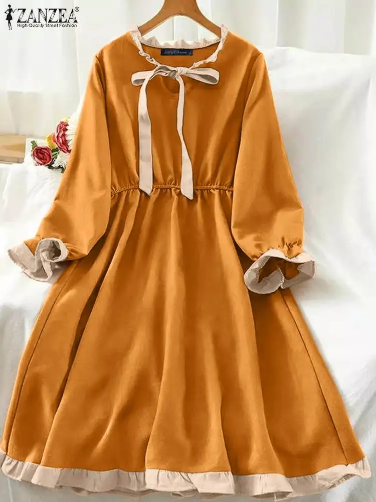 

Платье ZANZEA женское винтажное однотонное, модный сарафан средней длины, повседневный лоскутный сарафан с круглым вырезом и пышными рукавами...