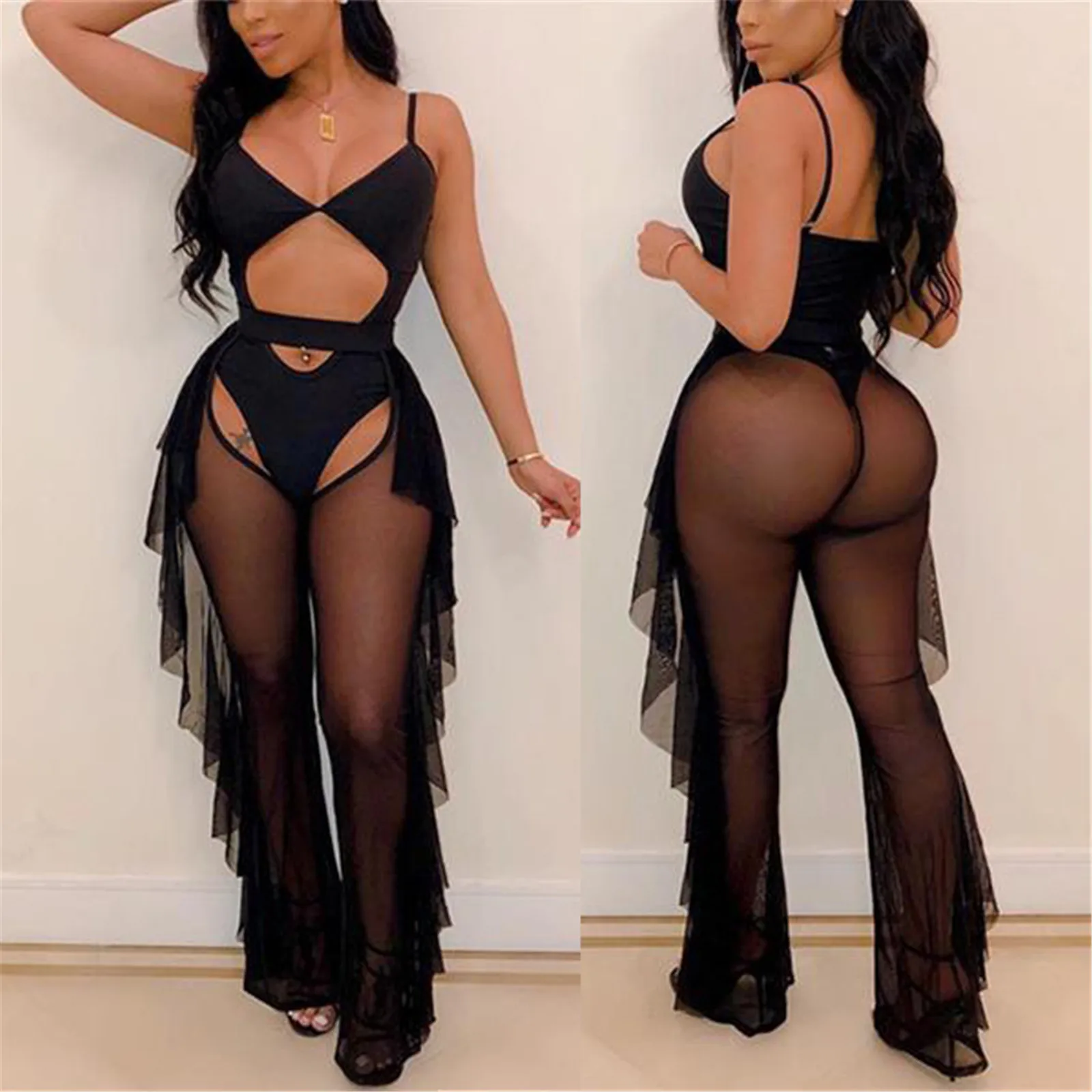 

Piece Swimsuit Splicing Lady Set Solid Pant Mesh Sexy Color Bandage Solid Swimsuit Backless Female Bathing Suit Sports