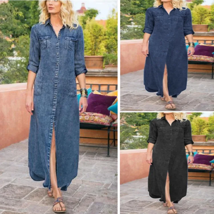 

2023 Summer New Women's Loose Solid Casual Single breasted Denim Dress