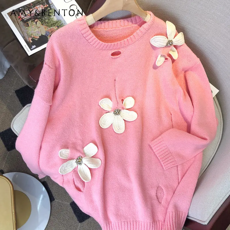 

Gentle Sweet Flowers Hollow Knitted Sweater for Women Autumn and Winter New Heavy Industry Idle Style Mid-Length Pullover
