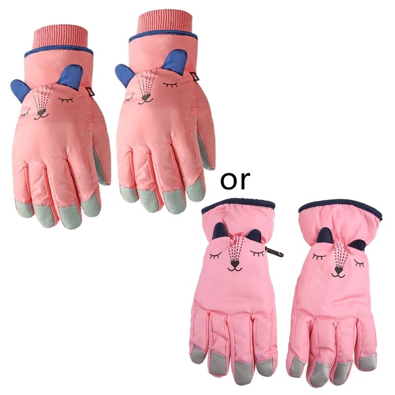 

Kids Winter Waterproof Snow Gloves Solid Color Cartoon Ears Thermal Insulated Windproof Sport Snowboard Ski Warm Mittens