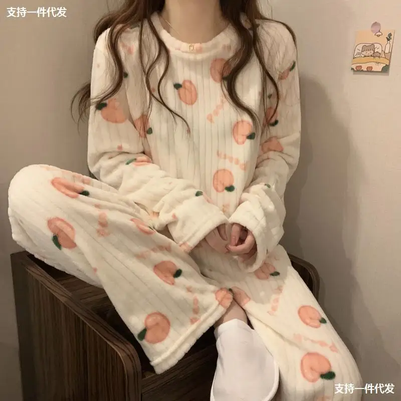 Women Household Clothes Coral Velvet Pajamas Thickened For Warmth In Winter Large Household Clothes 2-Piece Women Warm Jacket