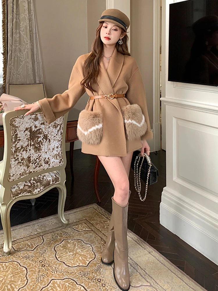 Женское кашемировое пальто с карманами теплая шерстяная куртка рукавом летучая