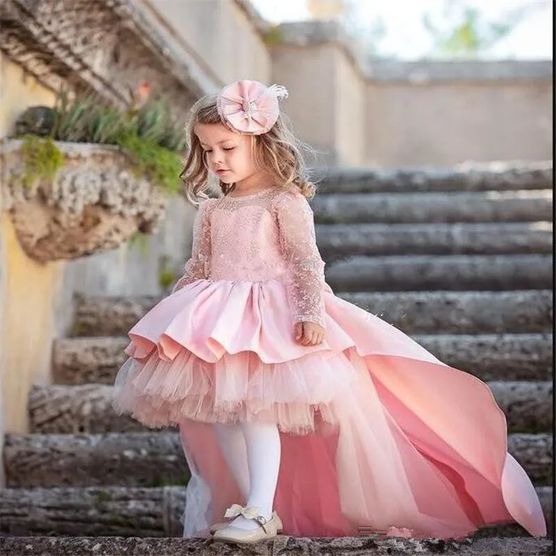 

Formal Hi-Lo Pink Kids Flower Girls Dress for Wedding Long Sleeve Birthday Party Gown with Big Bow Custom Girl Vestidos De Nina
