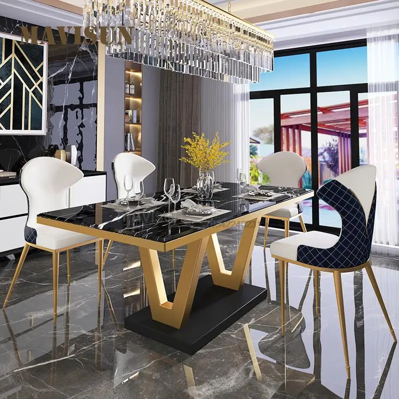 

Large Family Table Dining For 8 Person Villa Hotel Luxury Glossy Marble Top Stainless Steel Frame Rectangle Desk With Chairs Set