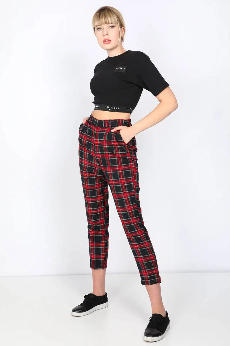 

Womens Elastic Plaid Trousers