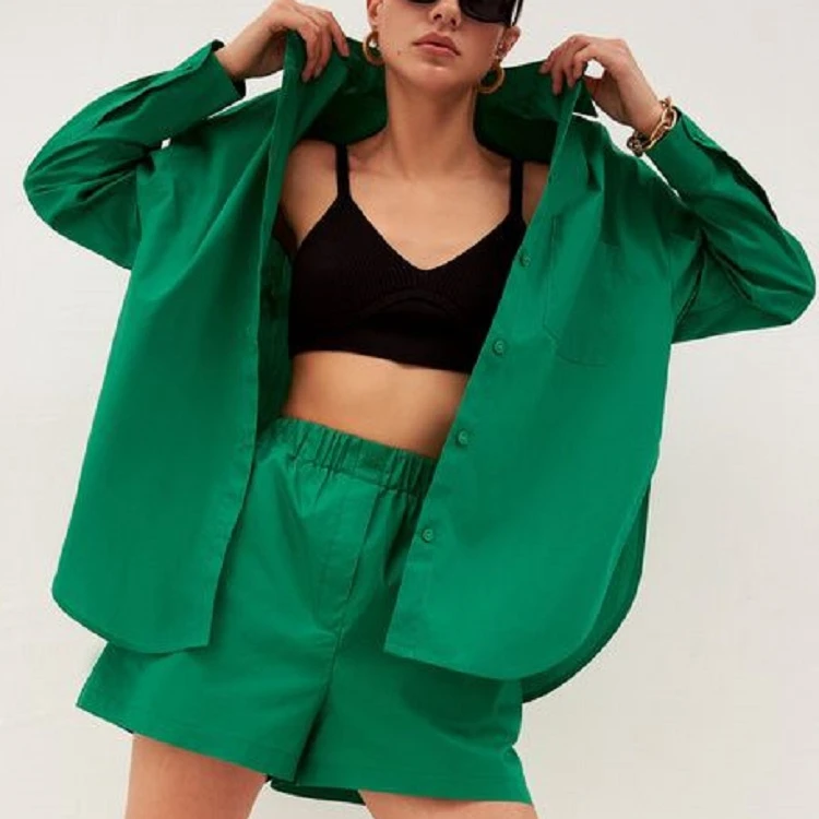 

2022 Chic Women 100% Cotton Shirt Suit Oversized Sets 3 Piece Set Suits Match Color Shirt Short Pants Suits 6L43