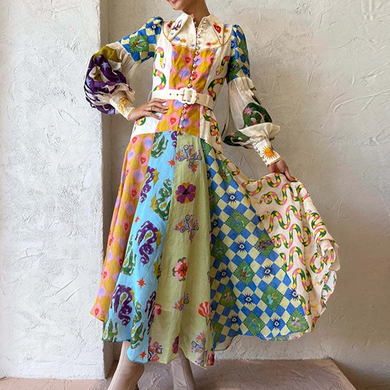 

Lady Turn-down Collar Button Waist Party Dress Elegant Lantern Sleeve Boho Dresses 2023 Autumn Fashion Graffiti Print Long Dress