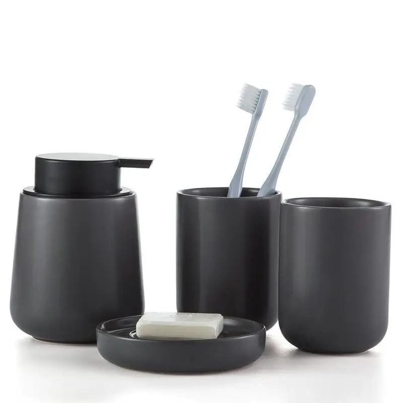 

WSHYUFEI Nordic bathroom gray simple ceramic bathroom four-piece toothbrush holder lotion bottle soap box bathroom wash set