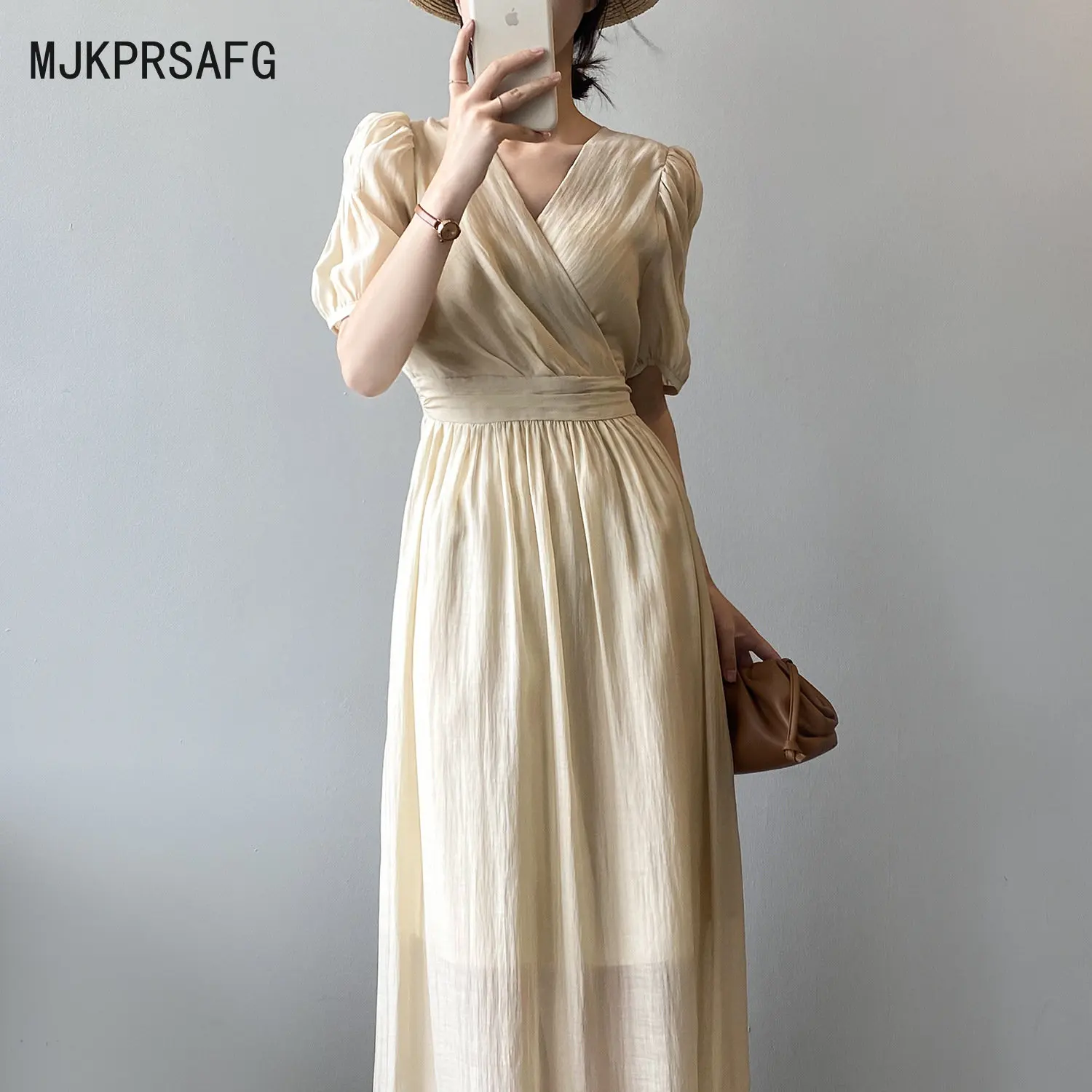 

Женское длинное платье с запахом, элегантное праздвечерние чное платье миди с V-образным вырезом, коротким рукавом-фонариком и высокой тали...