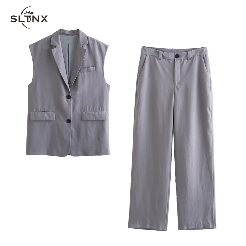 

SLTNX 2023 Fashion Linen Pant Sets for Women Vests + Pants 2 Pieces Sets Female Chic Trousers Set Ladies Sleeveless Vest Suits