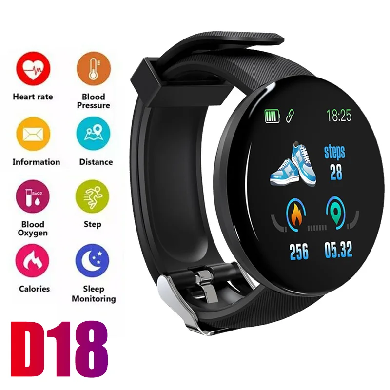 

D18 Smart Watch Heart Rate Monitor Men's Women's Smartwatch Round Fitness Digital Watches for Men Women Band Bracelet Smartband