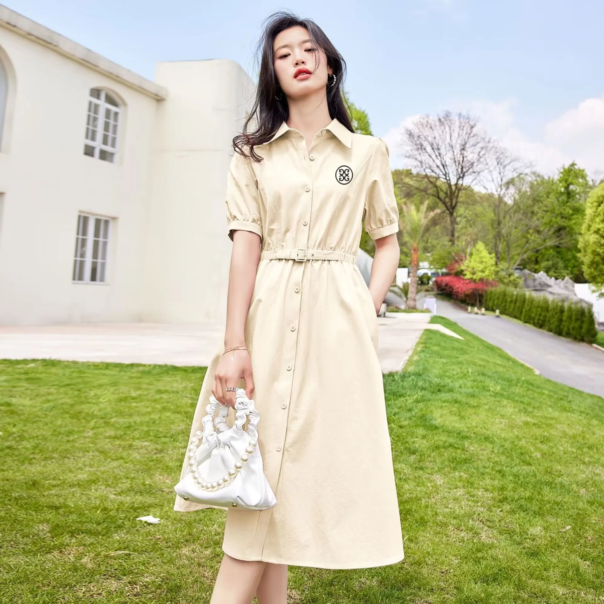 Fashion Temperament Slimming Polo Neck Short-sleeved Dress 2023 Summer Golf New Women's Midi Skirt