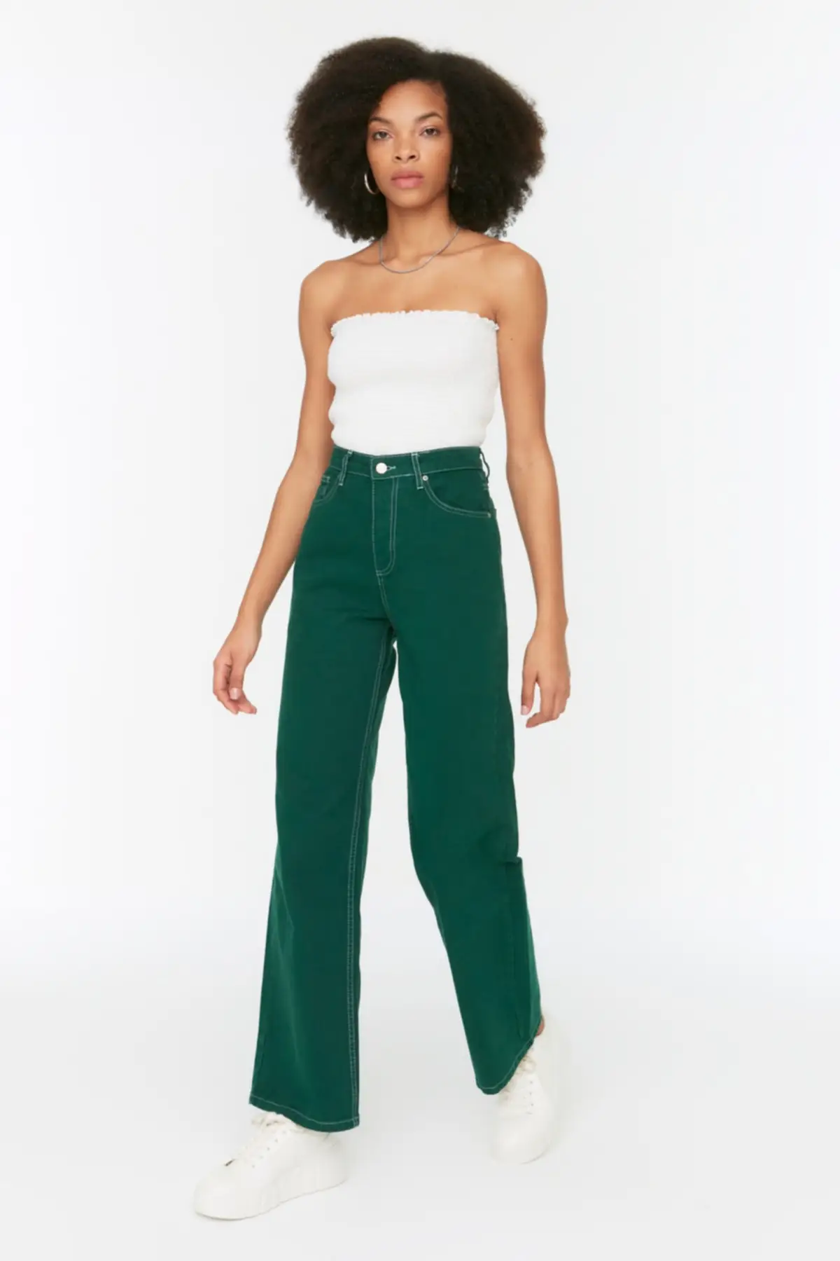 

Women's Jean Green % Organic Cotton Waist Wide Leg Straight Pant Jeans Buttons Zipper Ladies