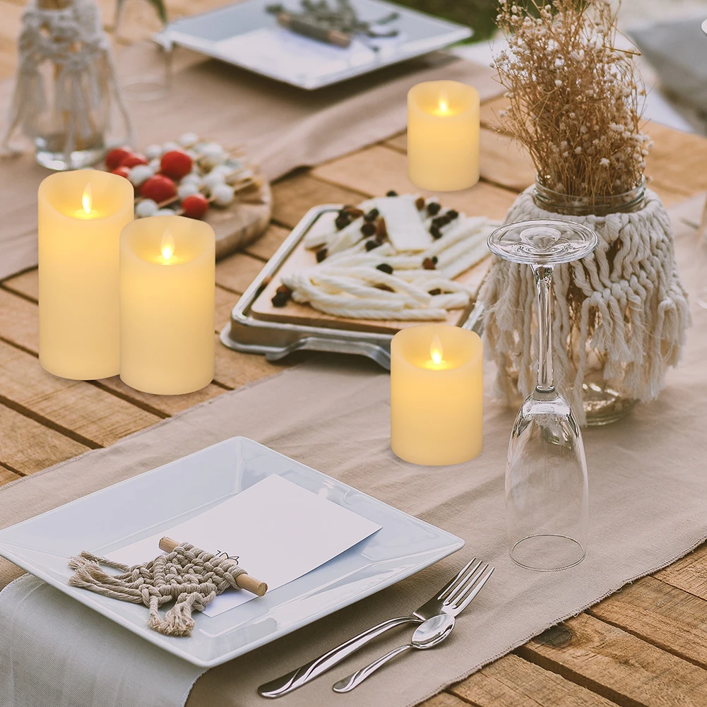 Набор из 3 пластиковых колонн безогневых свечей с реалистичными светодиодными пламенами "Tealight" для декора дома, дня рождения и свадьбы.