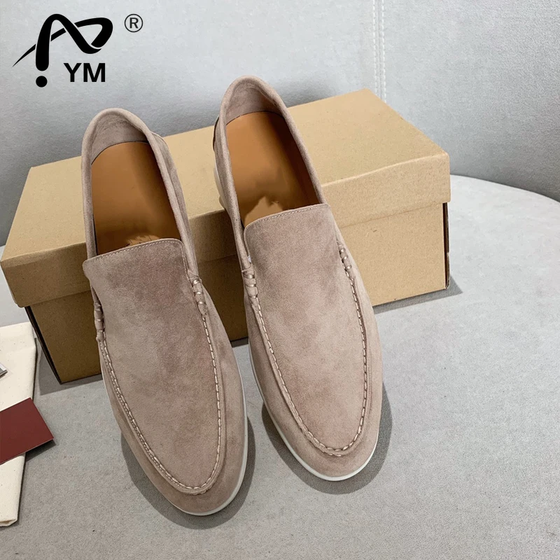 

New Men Winter 2022 Luxurious Khaki Loafers Shoes Suede Real Leather Comfortable Flat Shoe Sole One-pedal Fashion Loafers