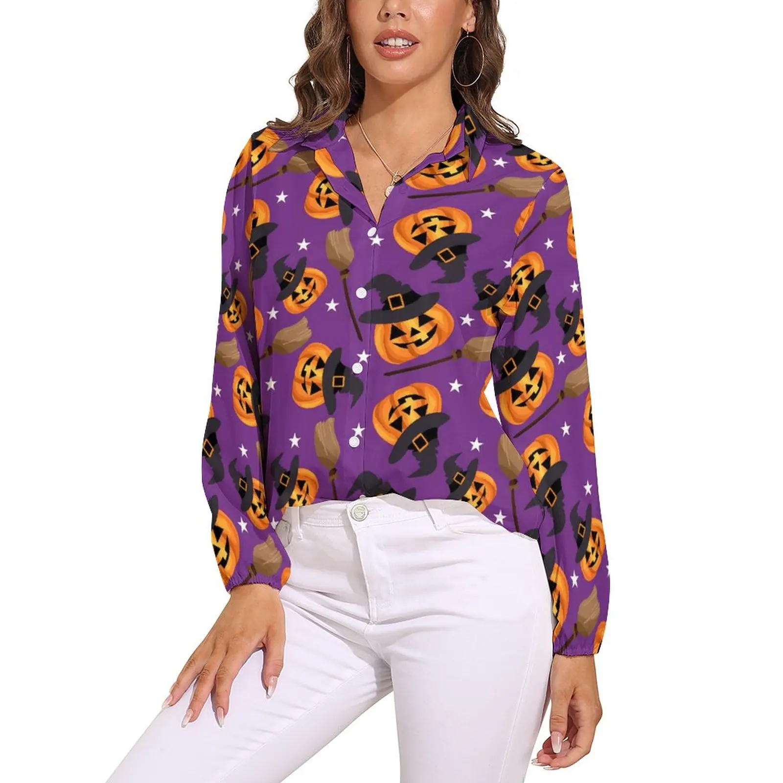

Блузка женская с акварельным рисунком тыквы, Повседневная Свободная элегантная рубашка с длинным рукавом, с принтом на Хэллоуин, Одежда бол...