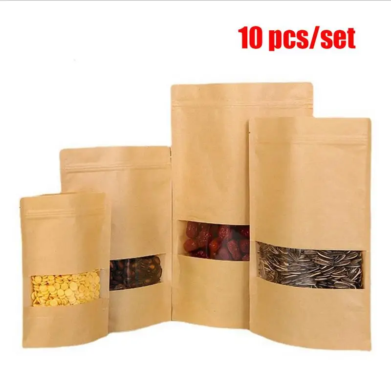 

10Pcs/lot Kraft Paper Bag Window Zip lock Empty Dried Food Fruit Tea Gift package Self Sealing Zipper Stand up Bread Pouches