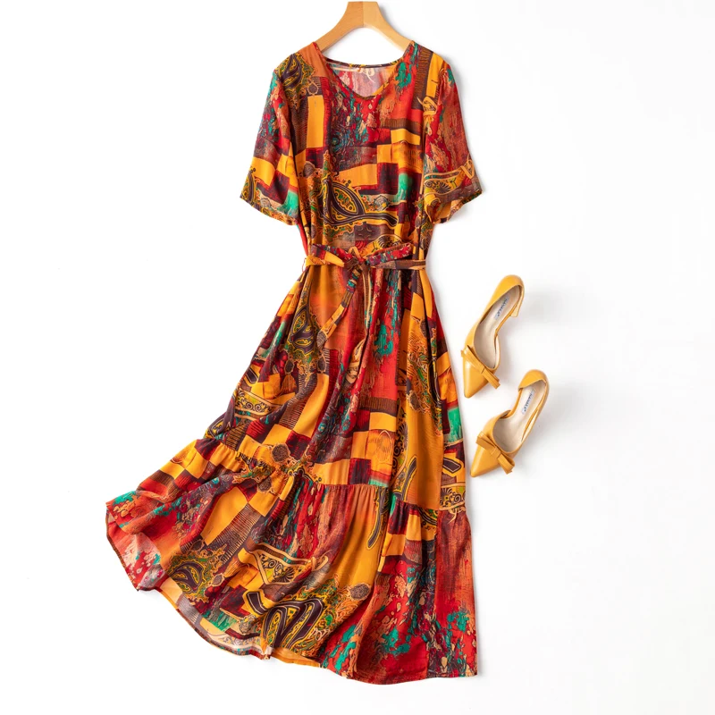 

Recommend! Exotic Style vintage red 100% mulberry silk loose lotus leaf hem silk dress V-neck mid-length skirt