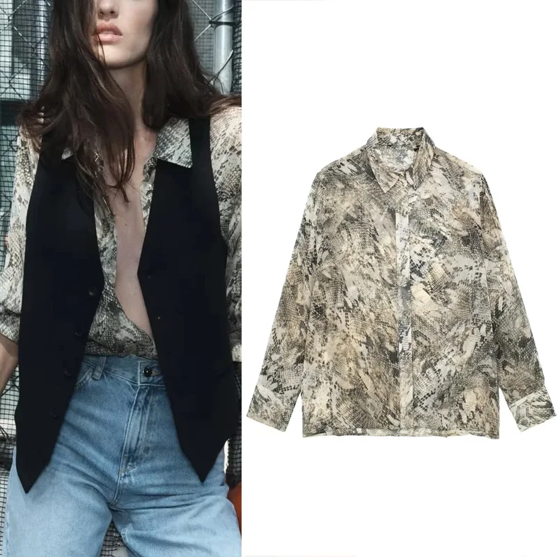

TRAF Print Oversize Shirts For Woman 2023 Fashion Blouse Women Vintage Lapel Long Sleeves Shirt Autumn Ladies Button-Up Blouses