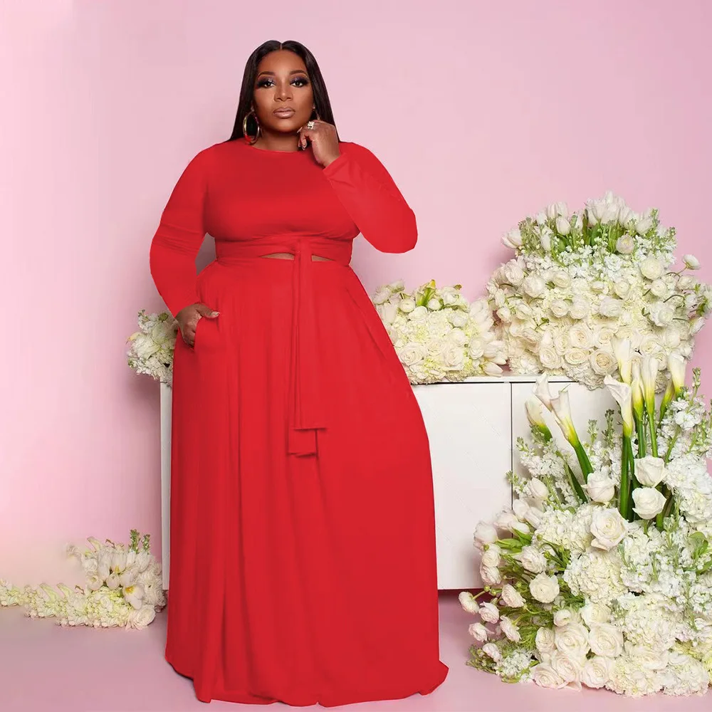 Plus Size Women Clothing Two Piece Set Short Solid Long Sleeve Round Neck Lace Up Casual Dress Set Two Pieces Women's Wear