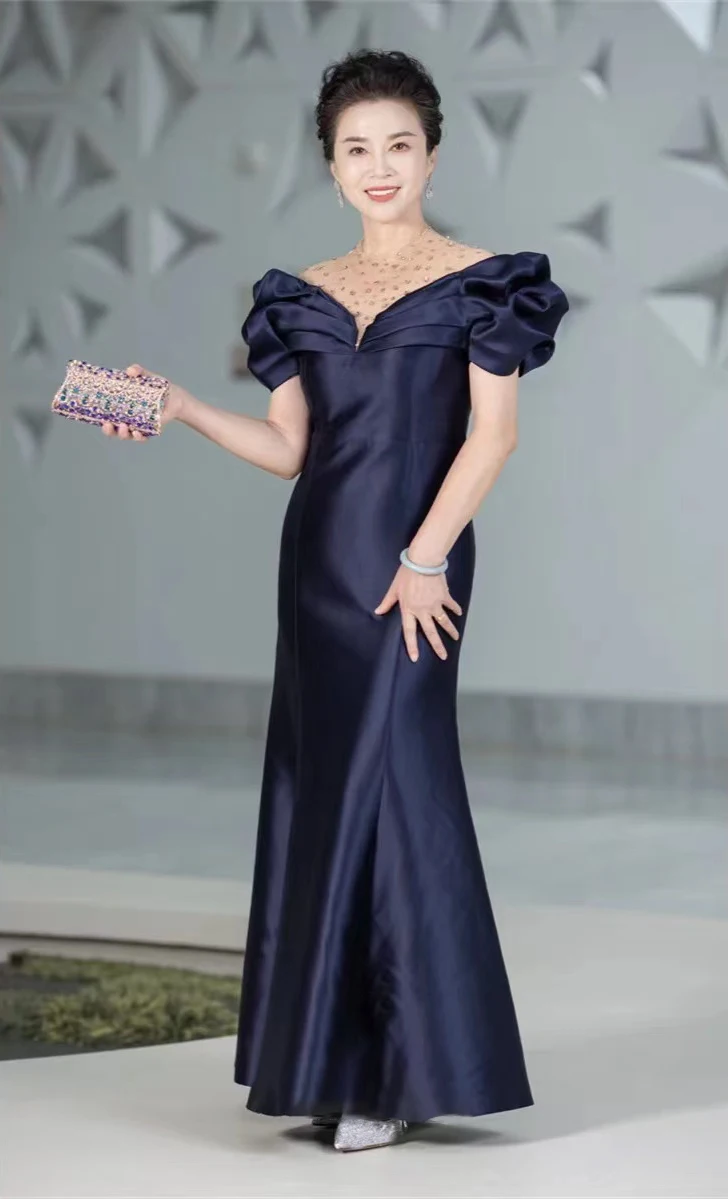

Tailor Shop Customized Off Shoulder Fishtail Dress Swing Short Sleeve Mother-in-law Dress Bride Mother Wedding Dress