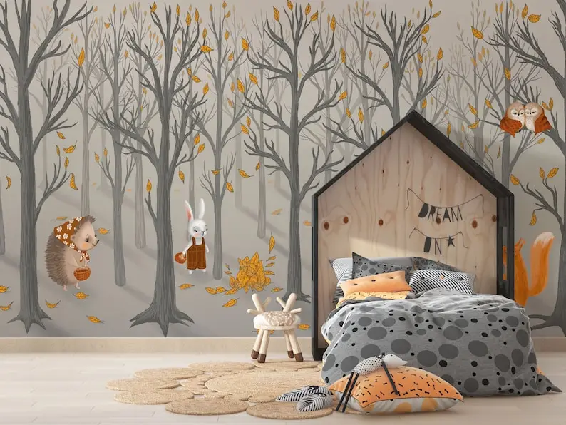 

Peel And Stick Watercolor Trees Forest Wallpaper Nursery Décor Woodland Animals Decal Removable Reusable, Customizable Kids Wall