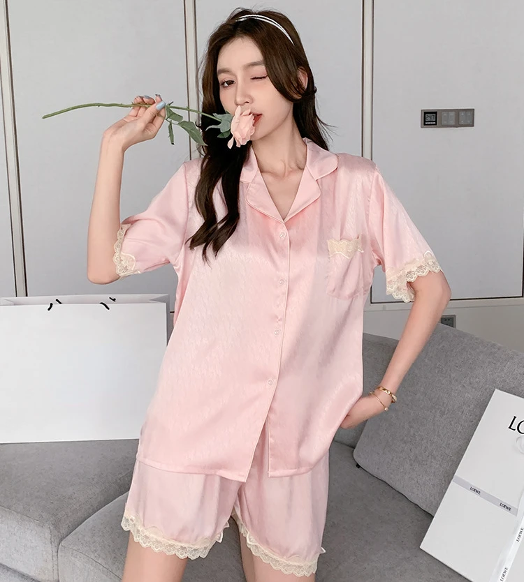 Pajamas Short-sleeved Shorts Set Women Summer Ice Silk 2022 Cool Solid Color Herringbone Lace Homewear Suit Loungewear Clothing