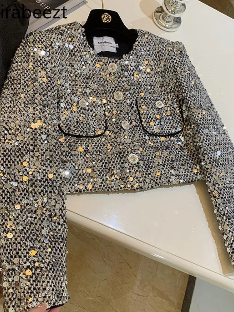 Осень 2024 новое элегантное короткое пальто с блестками женское маленькое для