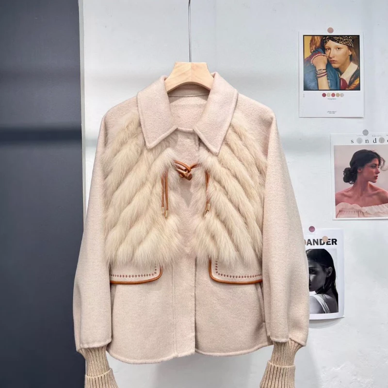 

Korean Style Winter Workwear Women's Wool Coat Fashion Real Fox Fur Patchwork Turn Down Collar Woolen Jacket JD06