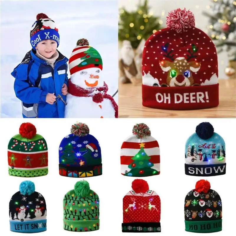 

2024 New Year LED Light Christmas Knitted Hat Cartoon Santa Elk Patteren Winter Beanie Knitting Hat Christmas Gift for Kids Xmas