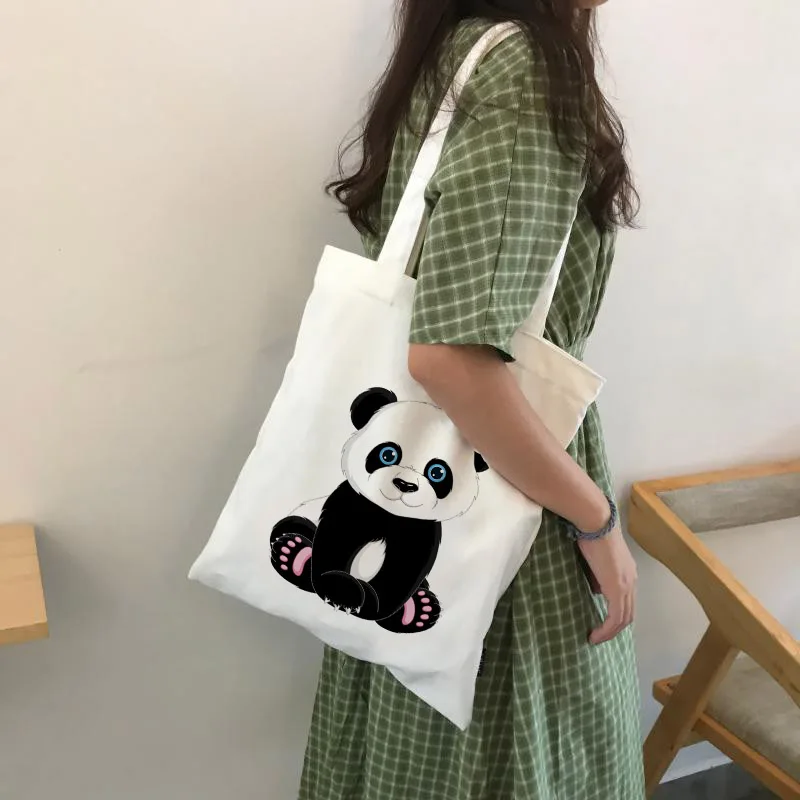 

Panda Cartoon Cute Animal Print Ladies Handbags Canvas Tote Bag Shopping Travel Women Eco Reusable Shoulder Bags Bolsas De Tela