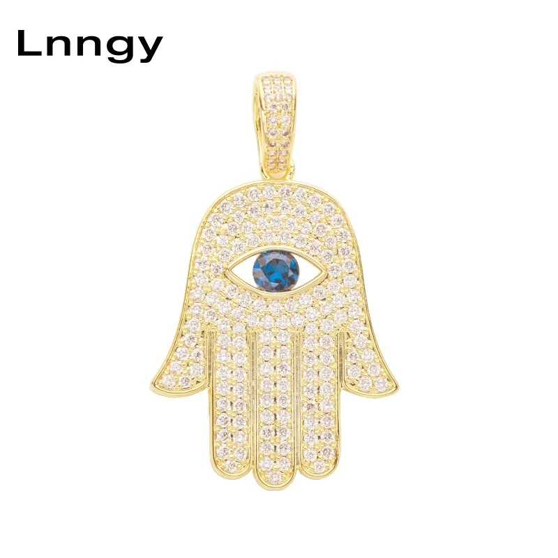 

Lnngy Yellow Gold Evil Eye Hamsa Hand of Fatima Iced Out Pendant 14K Solid Gold Hip Hop Protection Lucky Jewelry for Men Women