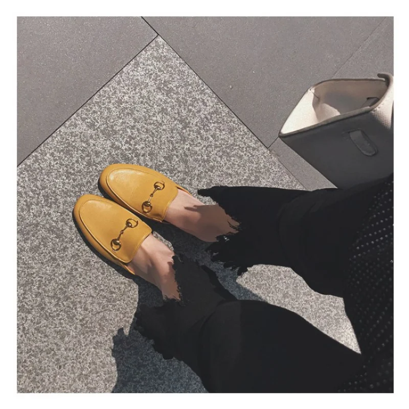 Baotou Half Slippers Female Wearing 2023 New Style of Horse Buckle Leather Sandals Heelless Lazy Shoes Flat Muller Shoes A-8